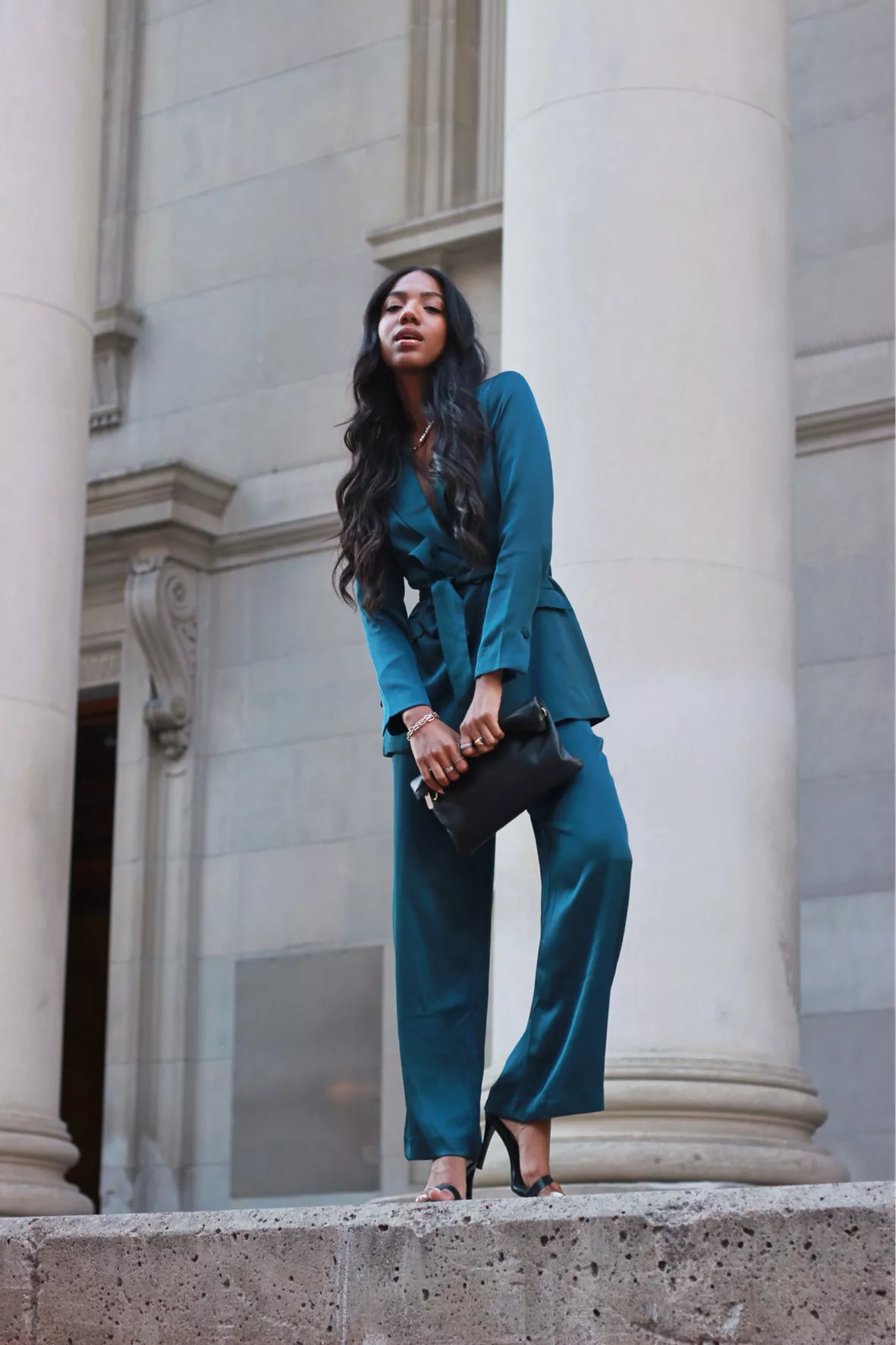 Blue Blazer Suit Set for Women, Wide Leg Pants High Rise, Belted