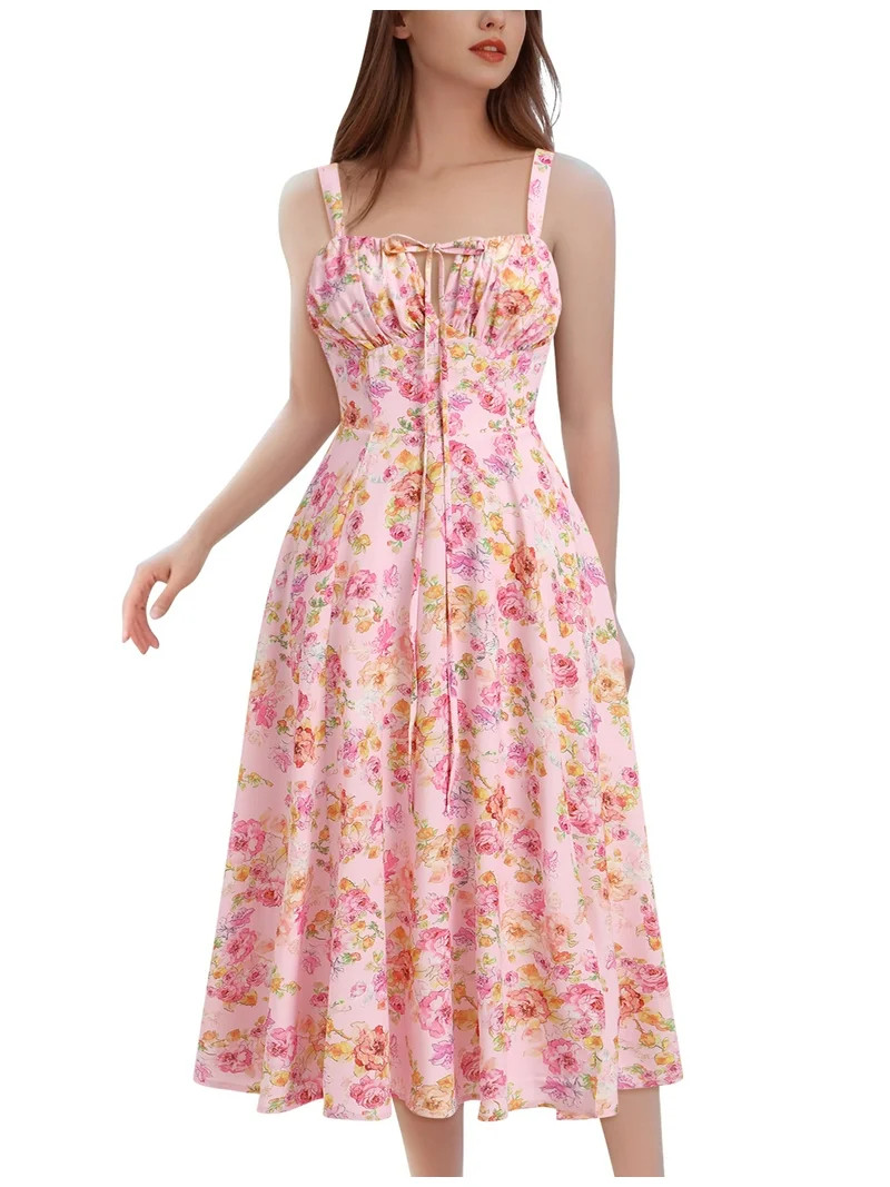 IDOPIP Women Floral Midi Corset Dress Boho Flowy Slit Lace Up Dresses Flowy Slit Bustier Dresses | Walmart (US)