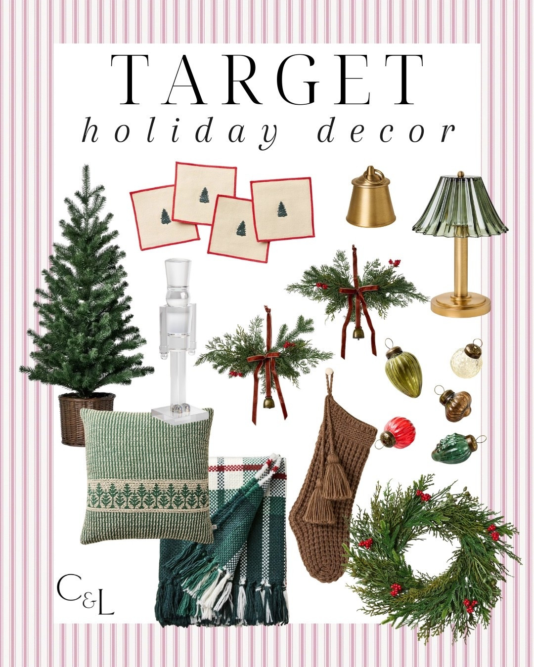 Target holiday decor! $60 and under finds to make your home more festive this holiday season 🎄 

Target home, target decor, budget friendly Christmas, affordable holiday finds, bell candle; tree skirts, tree collar, Living room, bedroom, dining room, holiday party, classical Christmas decor, traditional Christmas decor, Holiday, Christmas, Christmas decor, holiday decor, seasonal decor, budget friendly home decor, Christmas tree, holiday wreath, ornaments, ornament sets, garland, holiday essentials, holiday must haves, Christmas tree decor, tree topper, Christmas napkins, holiday hosting, faux stems, cocktail napkins, stocking, faux mini tree, acrylic nutcracker, plaid throw blanket, festive pillow, pullover cover

#LTKHome #LTKHoliday #LTKFindsUnder50