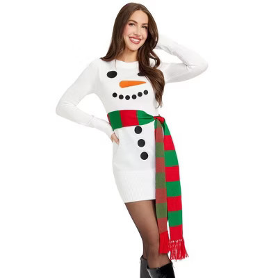 Tipsy Elves Women's Snowman Scarf Sweater Dress - Festive  White Snowman Dress for Women Medium | Target