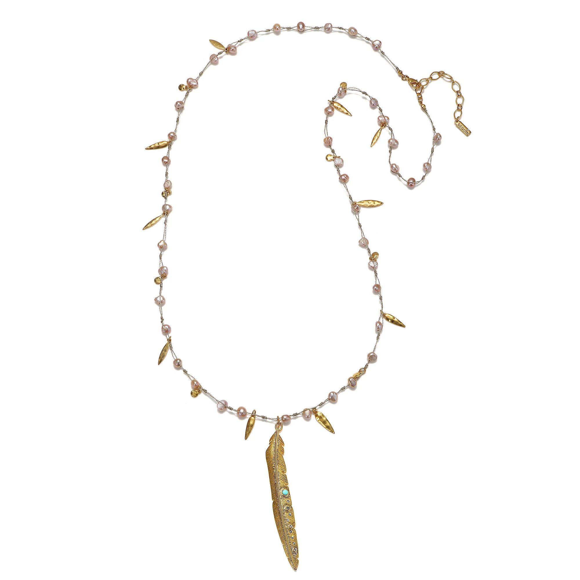 Lucky Feather & Pearl Long Pendant Necklace | Sequin