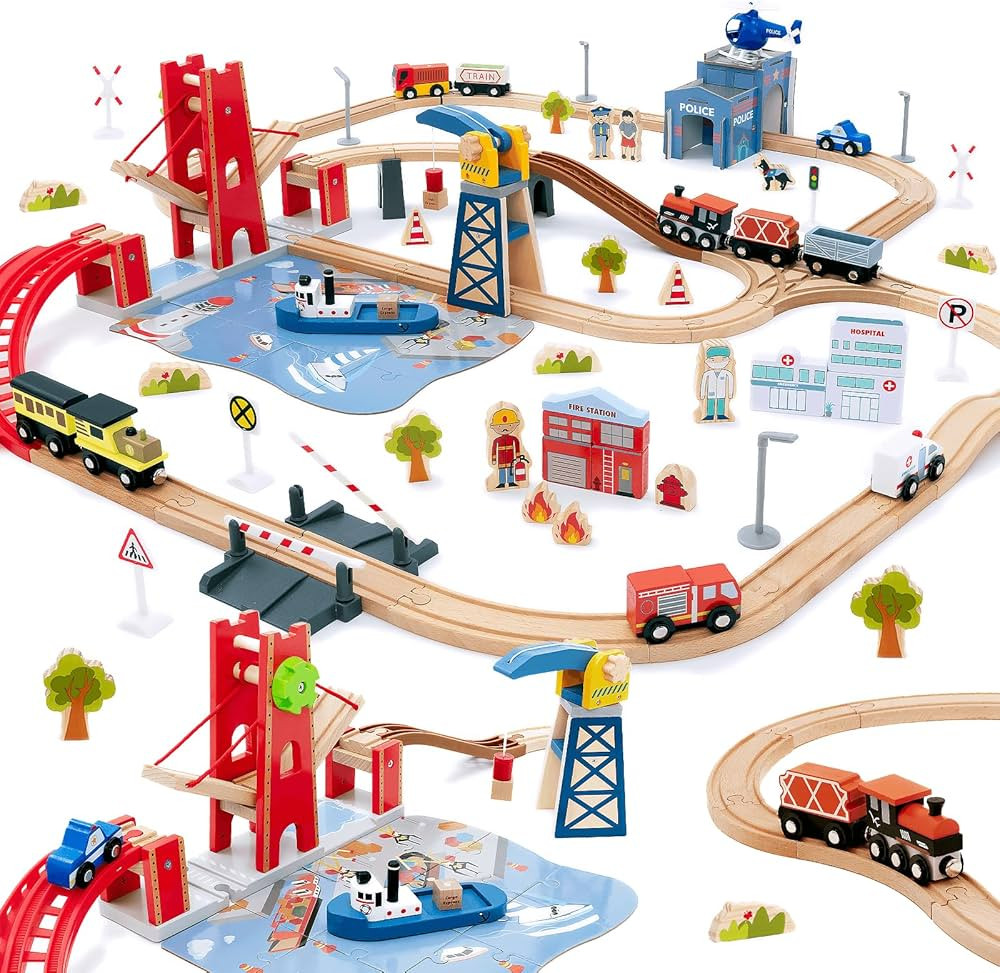 Giant bean 117 Pcs Busy Port City Train Set for Kids- Expandable & Changeable Wooden Train Track ... | Amazon (US)