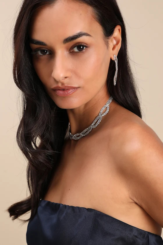 Glittery Goals Silver Rhinestone Necklace Earrings Set | Lulus