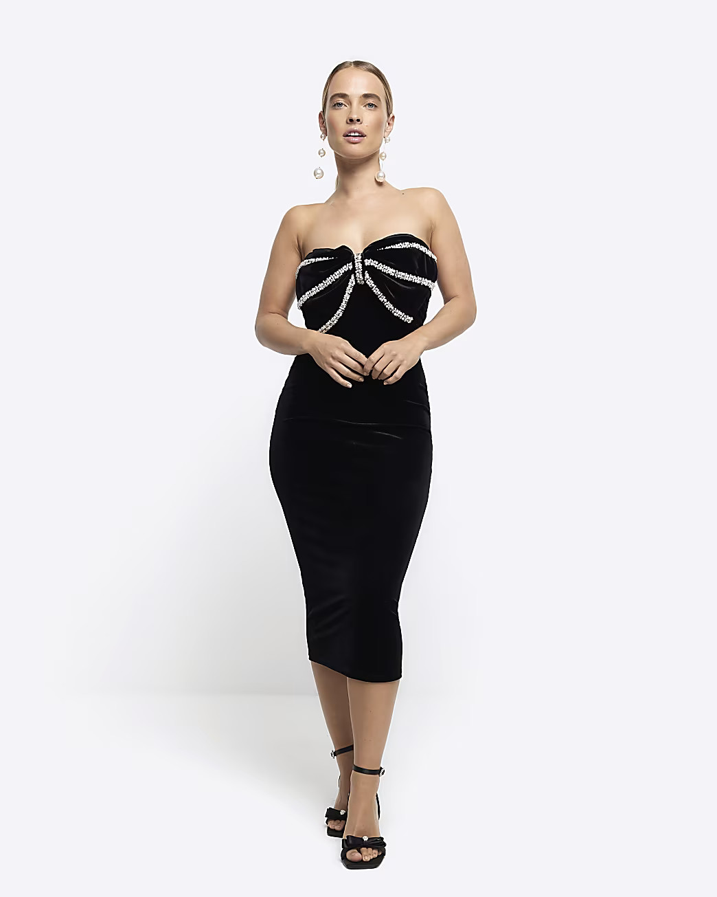 Black velvet pearl bow bandeau midi dress | River Island (UK & IE)
