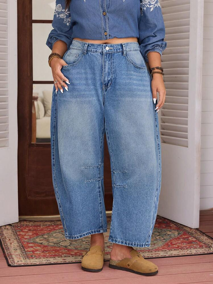 SHEIN CURVE+ Plus Size Women Cowgirl, Blue Non-Stretch Loose Casual Barrel Jeans Autumn | SHEIN