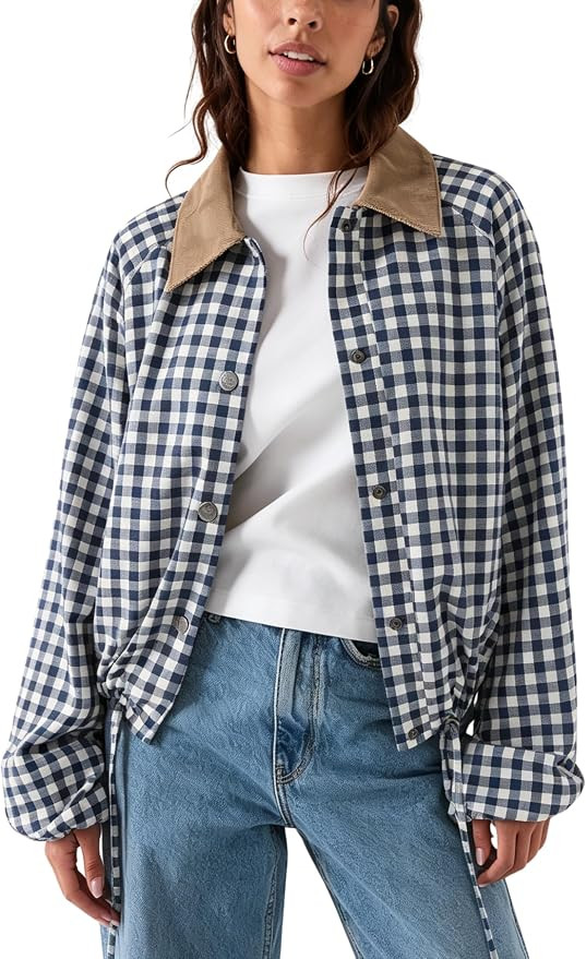 Esmeling Women Cropped Gingham Jacket Contrast Collar Raglan Sleeve Button Shacket | Amazon (US)