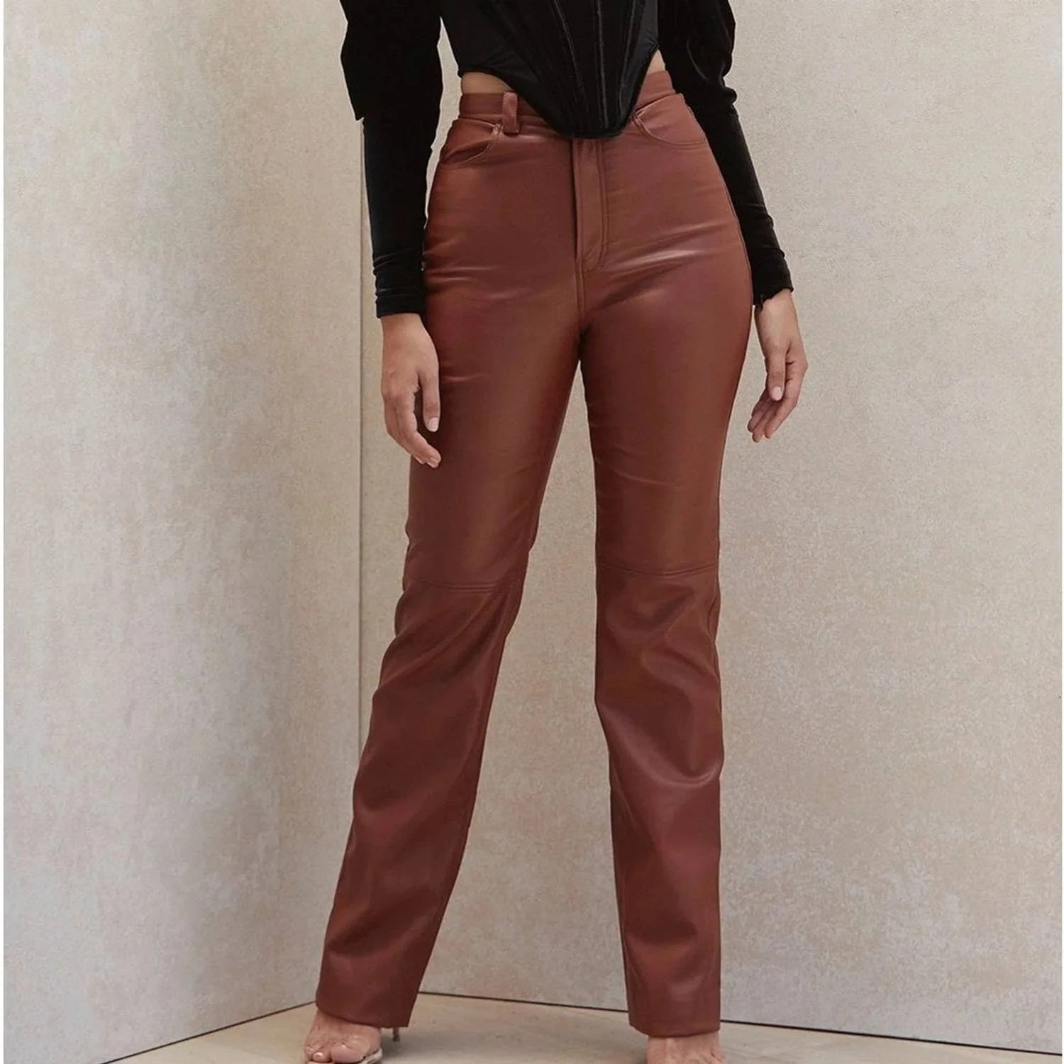 Inaya High Waist Faux Leather Trousers Pants In Brown | Shop Simon