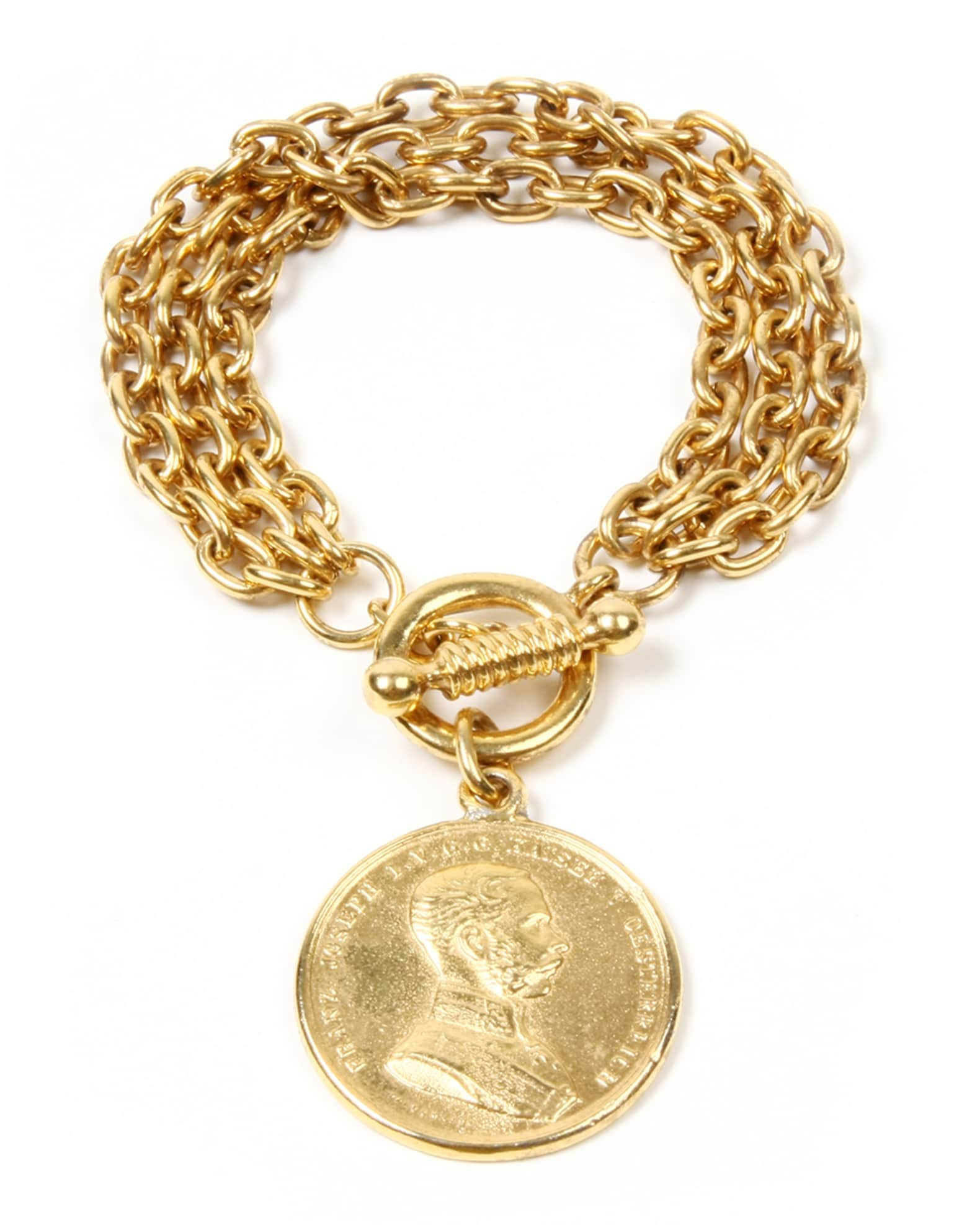 Gold Triple-Row Chain Bracelet w/ Coin Pendant | Neiman Marcus