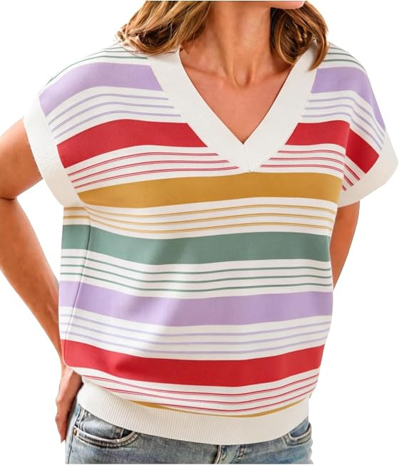 Women Striped Color Block Sweater Vest Cap Sleeve V Neck Knit Pullover Tops | Amazon (US)