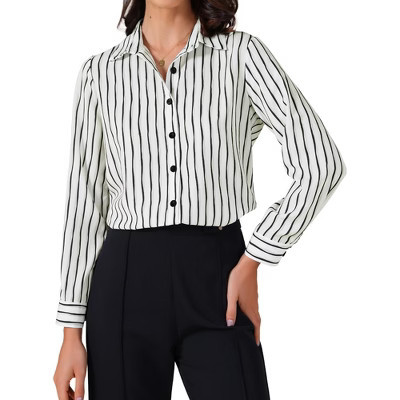 INSPIRE CHIC Women's Striped Button Down Long Sleeve Elegant Office Work Blouse Small White Black | Target