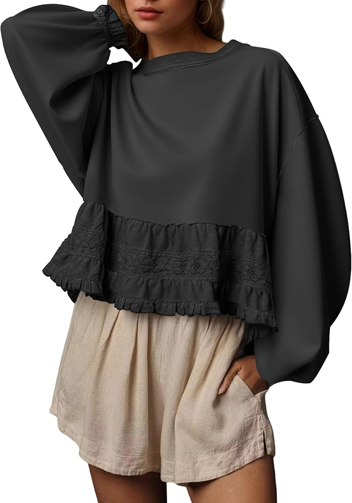 Crew Neck Crop Oversized Sweatshirts For Women Casual Long Puff Sleeve Babydoll Tops Loose Lace P... | Amazon (US)