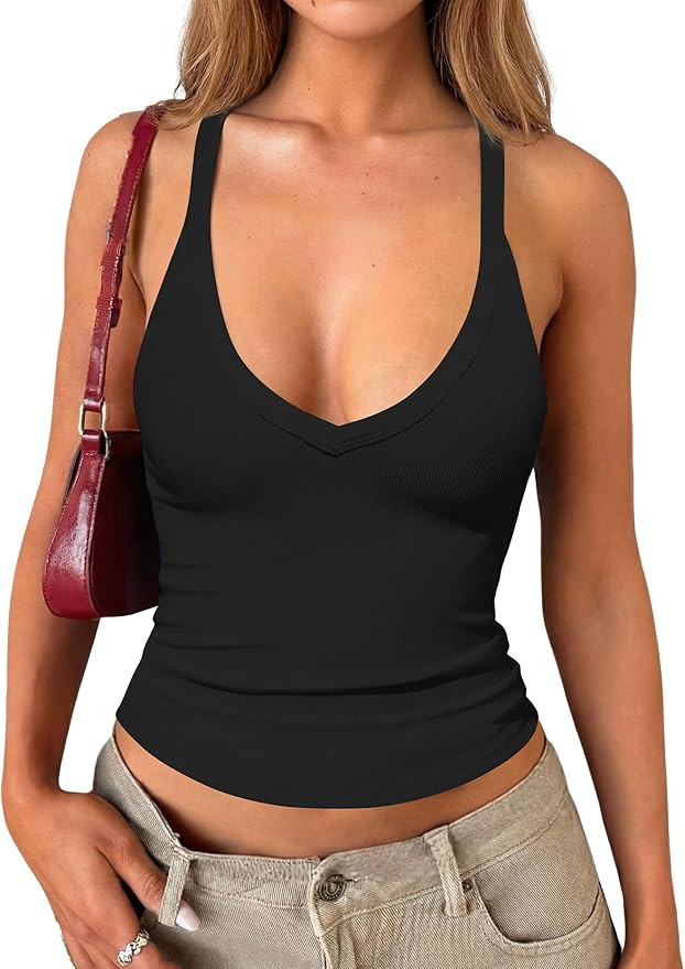 Darong Women's V Neck Tank Tops with Built-in Bra Racerback Basic Summer Camisole Ribbed Slim Fit... | Amazon (US)