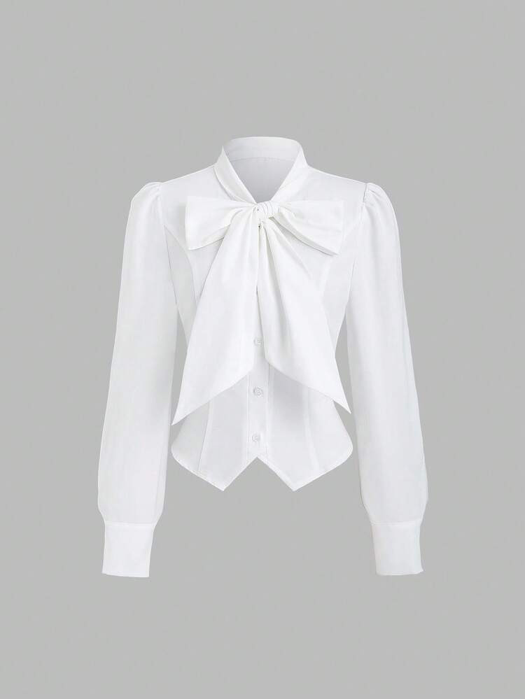 Sweetra French Tie Cinched Waist Design Commuter Long Sleeve Shirt For Women, Autumn | SHEIN