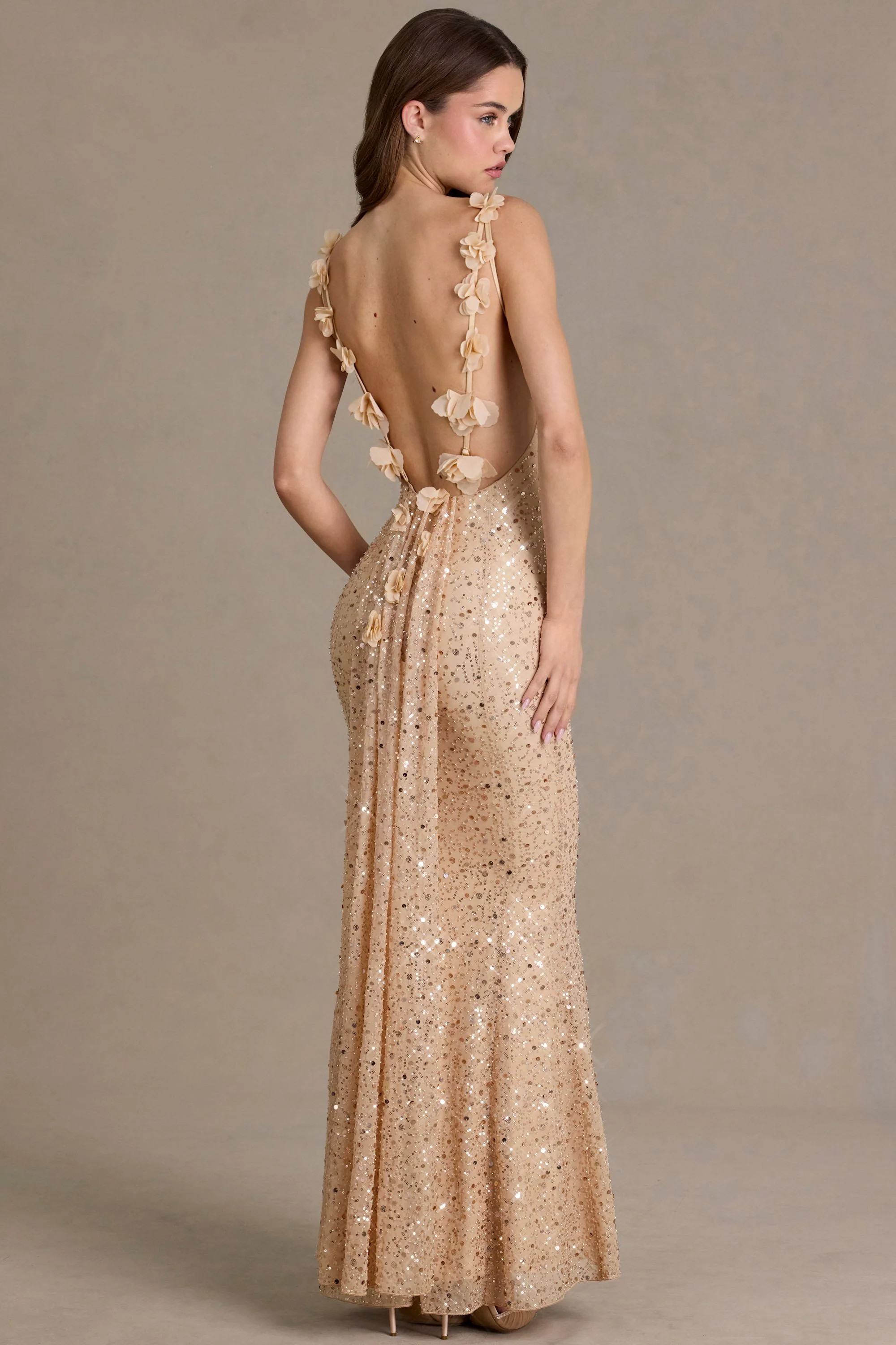 Premium Embellished Open-Back Maxi Dress in Gold | Oh Polly