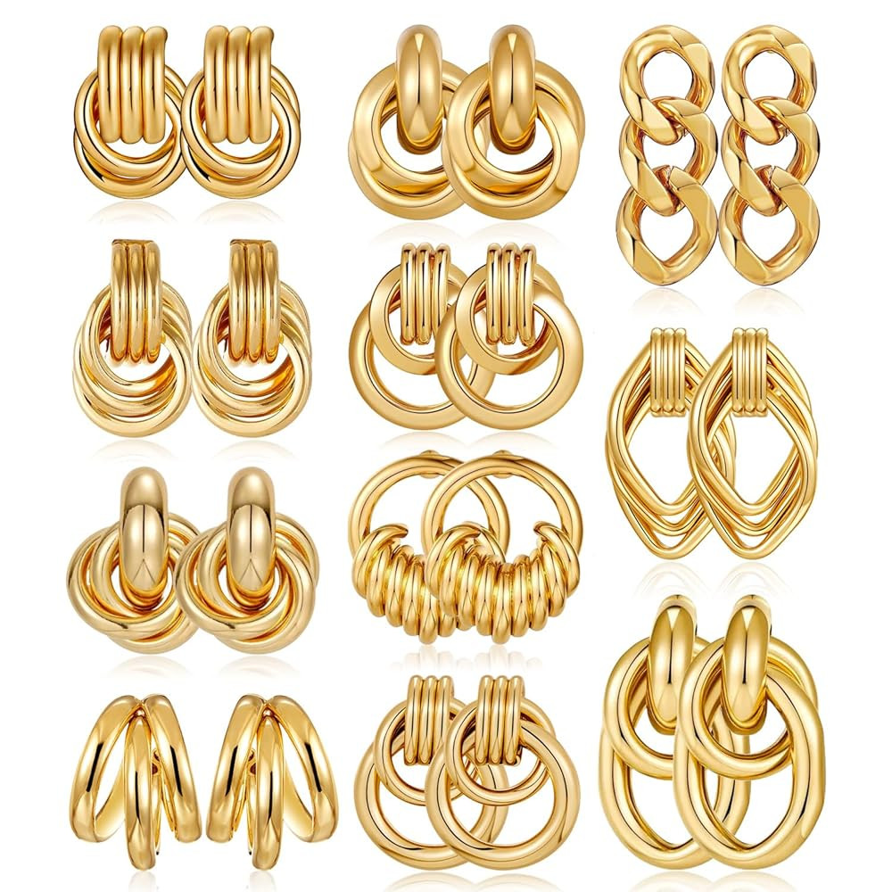 11 Pairs Trendy Gold Knot Earrings for Women Chunky Statement Long Link Drop Dangle Earrings Fash... | Amazon (US)