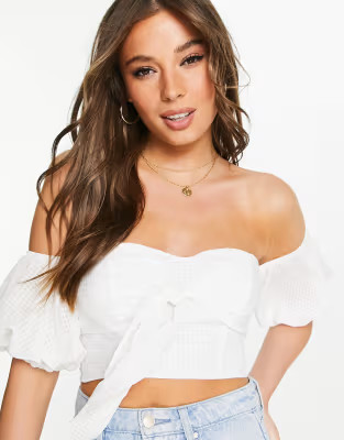 Style Cheat off shoulder tie front crop top in white textured check - part of a set | ASOS (Global)