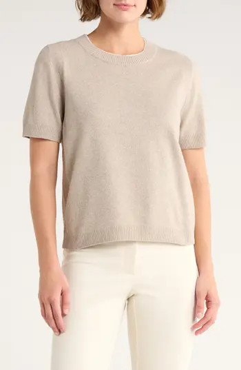 Vince Camuto Contrast Detail Short Sleeve Sweater in Light Heather Taupe at Nordstrom Rack, Size X-Large | Nordstrom Rack