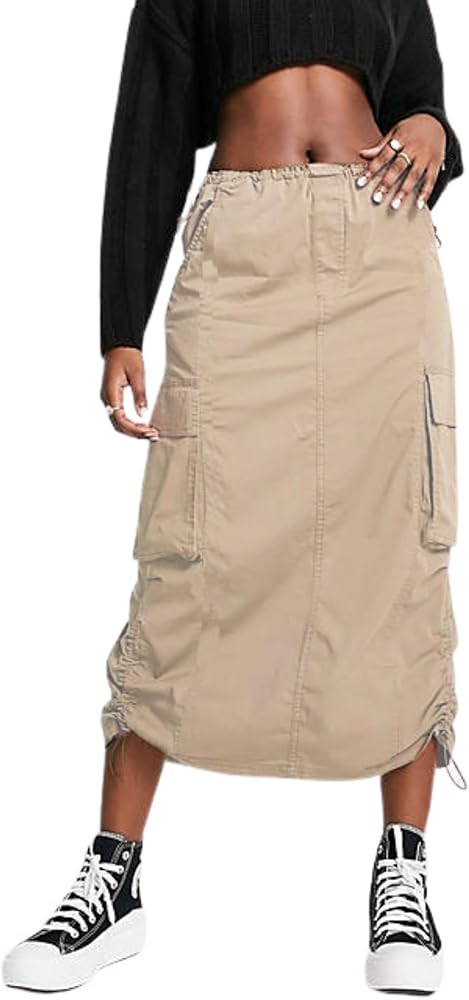 BLUEMING Women Y2k Cargo Long Skirt Low Waist Drawstring Maxi Skirt Ruched Vintage Slit Cargo Ski... | Amazon (US)