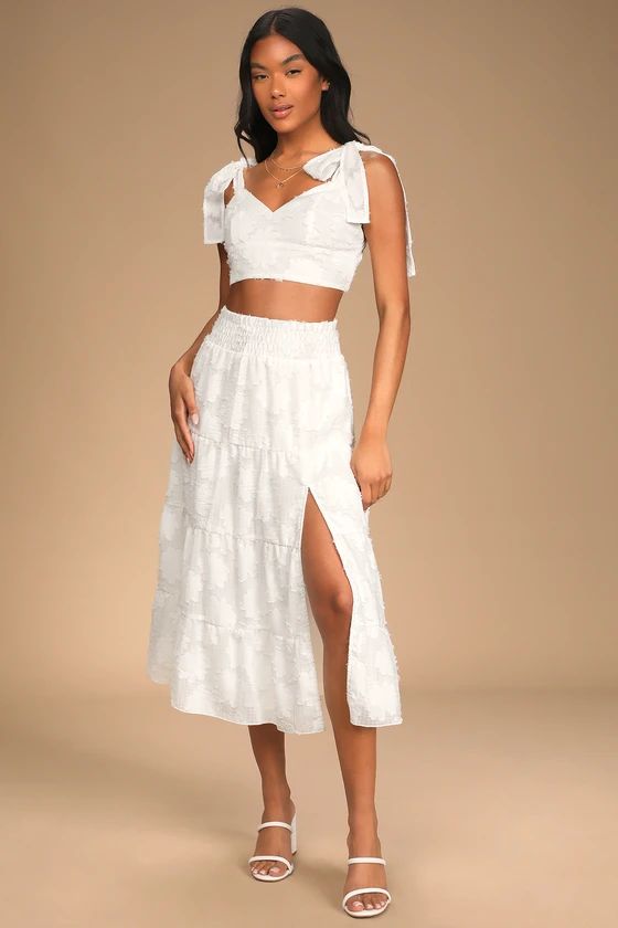Trendy Twofer White Floral Burnout Tiered Two-Piece Midi Dress | Lulus (US)