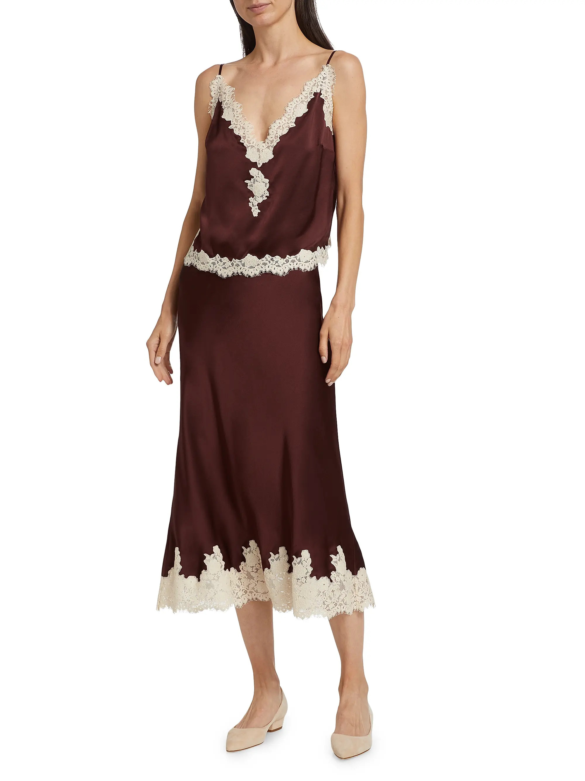 Shop DÔEN Elowen Silk Lace-Trim Skirt | Saks Fifth Avenue | Saks Fifth Avenue