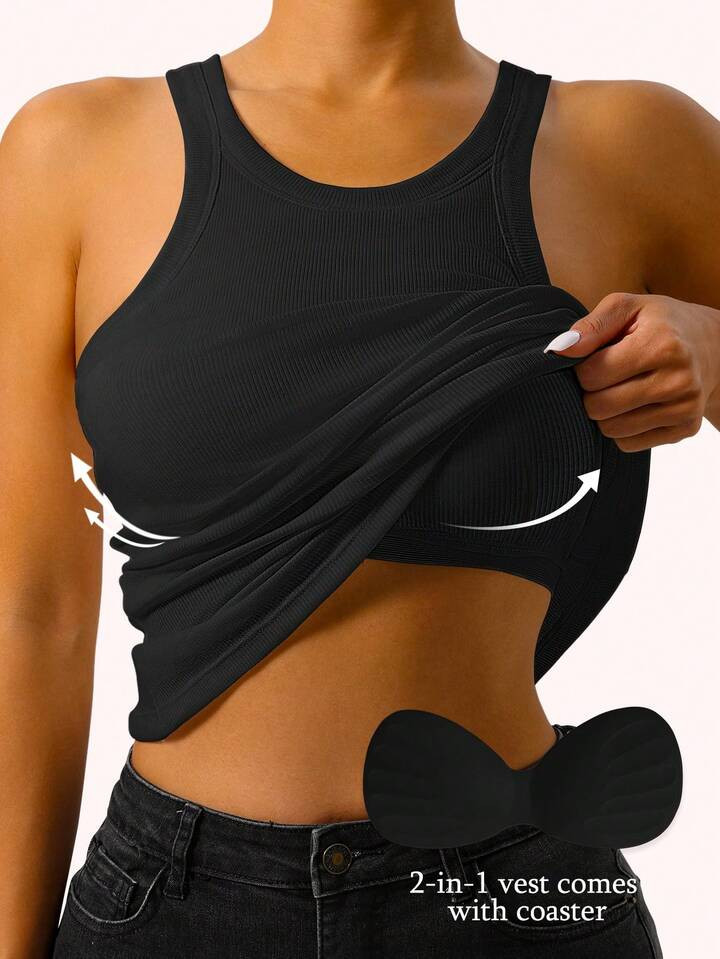 1pc Ribbed Tank Top With Built-In Bra & Cup Pads, Casual Black Vest | SHEIN