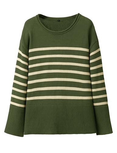 Women's Oversized Sweaters, Striped Trendy Fall Pullover Crew Neck Knit Jumper Top Side Slit Colo... | Amazon (US)