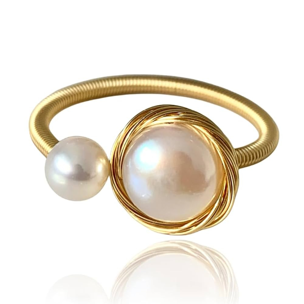 Handcrafted Natural Baroque Pearl Ring Winding Design Opening Adjustable 14k Gold Plated Material... | Amazon (US)
