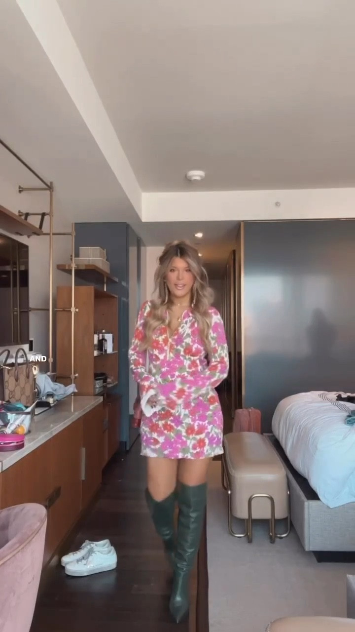 Outfit Details-
Fleetwood Mac Tee- Free People 
Pink Floral Dress- Show Me Your Mumu 
Bow Floral Dress- ASOS
Green boots- Lorroude
Earrings- Free People
Purse- Chloe 

#LTKbump #LTKstyletip #LTKCon