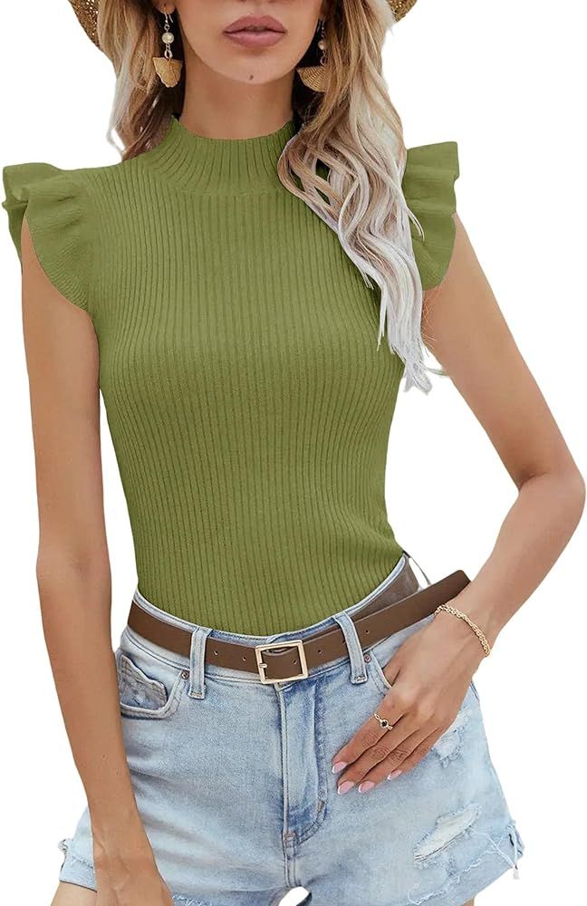 Shermia Women's Ruffle Trim Cap Sleeve Mock Neck Sweater Vests Ribbed Knit Solid Cute Shirts Blou... | Amazon (US)