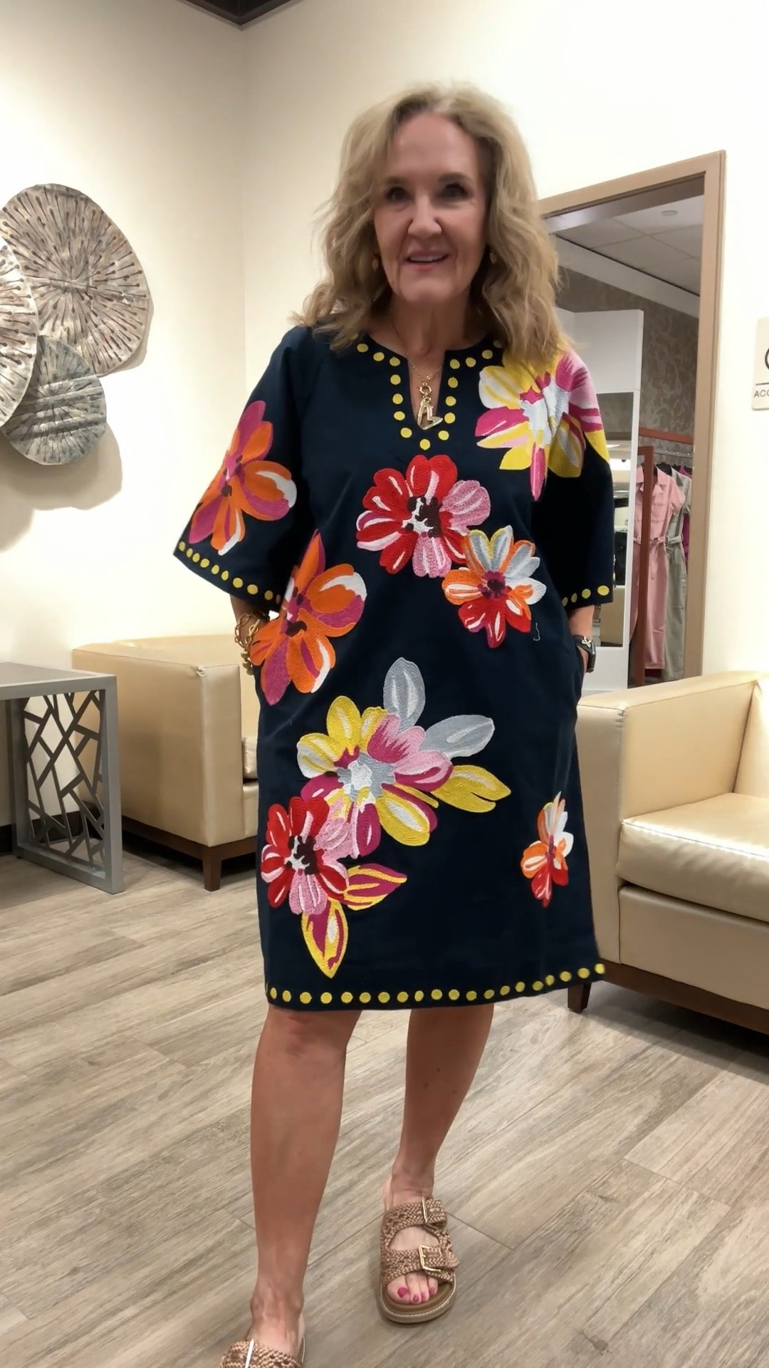 This dress is beautiful. Linen lined and embroidered by Frances Valentine. 

You can wear an elevated sandal with this. I only brought these slide for a more casual look  
Resort wear vacation dress floral dress 

#LTKSpring #LTKWatchNow #LTKOver40
