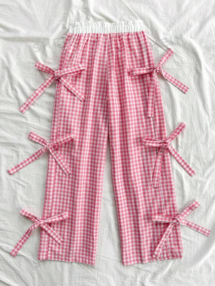 SHEIN WYWH Pink & White Plaid And White Butterfly Tie Waist Romantic Casual Vacation Women's Long... | SHEIN