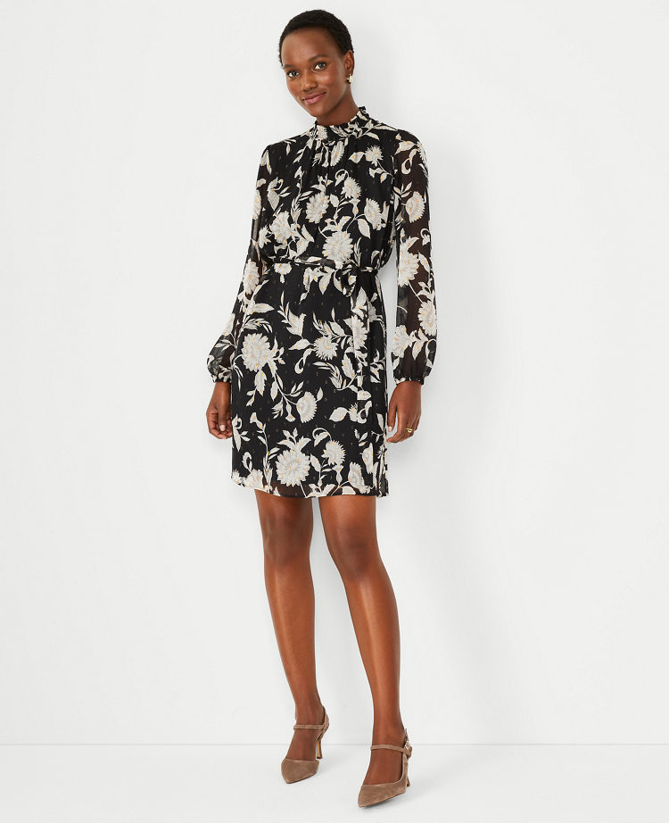 Baroque Floral Smocked Neck Flare Dress | Ann Taylor (US)