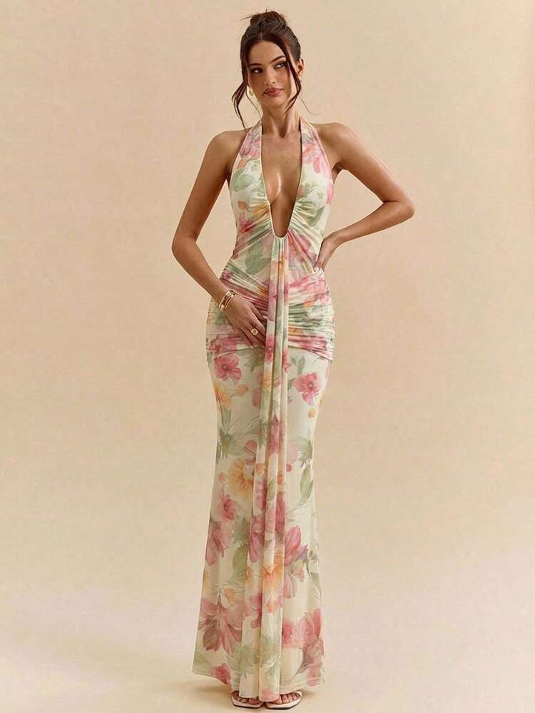 SHEIN BAE Women's Yellow Halter Neck Deep V Floral Print Fishtail Extra Long Sexy Dress,Floral Dress,Vacation,Elegant Dresses,Beach Dress,Valentine's Day,Summer Dress,Wedding Guest Dress Floral Wedding Guest Dress Resort Wear Sexy Maxi Dress Halter Neck Dress Garden Party Dress | SHEIN USA | SHEIN