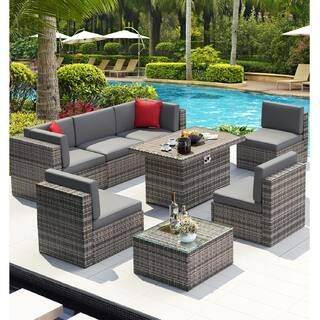 Sizzim 8-Piece Wicker Patio Set Conversation Set with 44 in. Fire Pit Coffee Table, Grey Cushion | The Home Depot