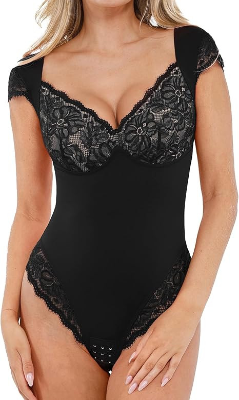 Popilush Lace Tops Body Suits for Womens Tummy Control Shapewear Bodysuit V Neck Party Date Night... | Amazon (US)