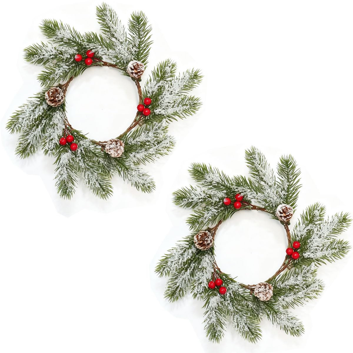 2 Pcs Christmas Candle Rings - Frosted Pine Garland with Red Berries and Pinecones, Mini Artifici... | Amazon (US)