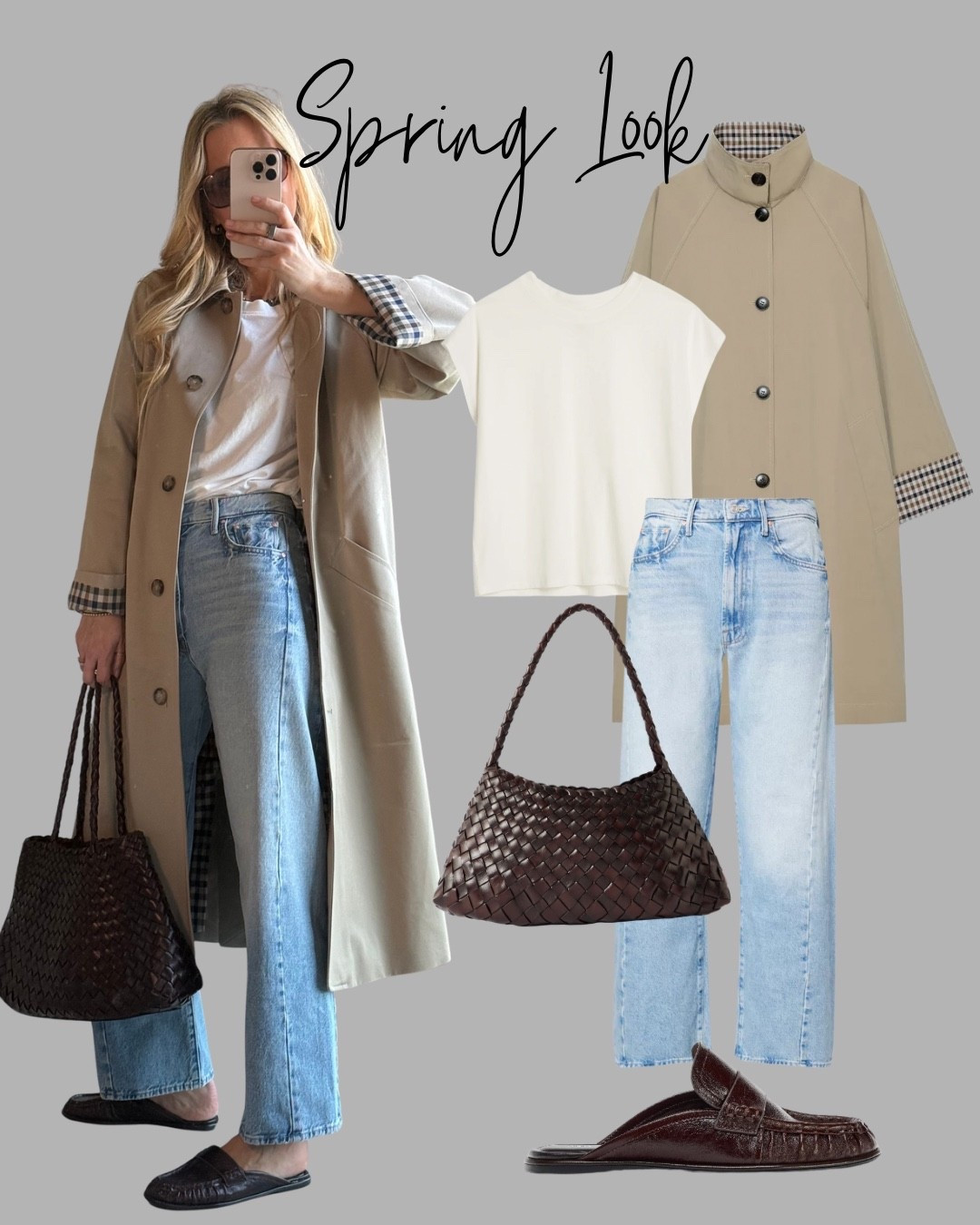 Spring Swaps 
Lighter Denim 
Lighter Coat
woven Bag
Simple Tee 
Accessorised with beads and sunnies 

#LTKspring