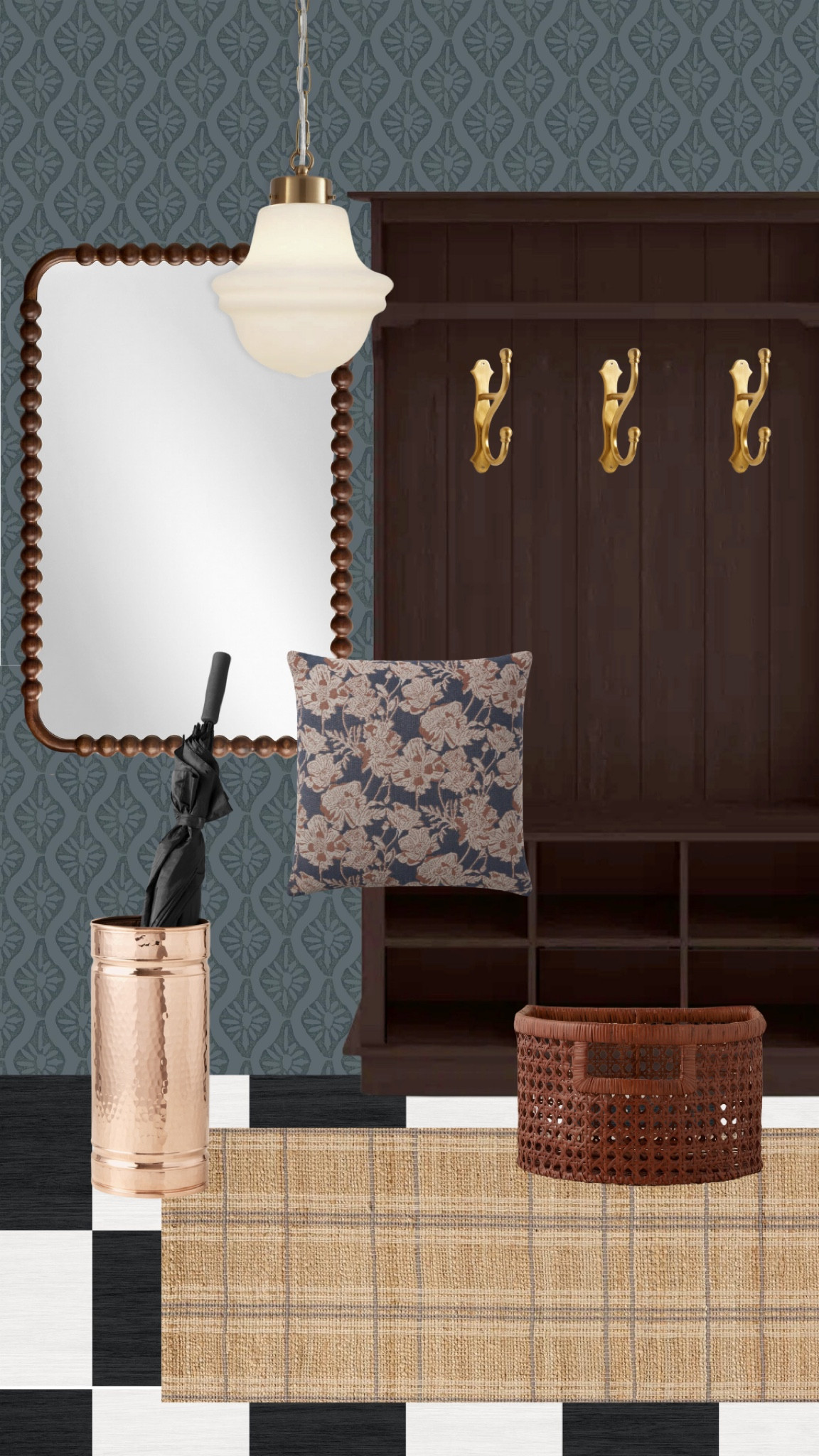 We’ve been loving coming up with room designs using our Wallpops peel and stick wallpaper. This mudroom features our Nova Blue Smoke wallpaper and the best part is the entire room costs under $1500! Read more at ChrisLovesJulia.com 🖤

Milk glass pendant, hall tree, gold wall hook, turned wood mirror, throw pillow, copper umbrella stand, cane basket, Lawrence FloorPops, Judy jute runner rug

#LTKBacktoSchool #LTKSaleAlert #LTKHome