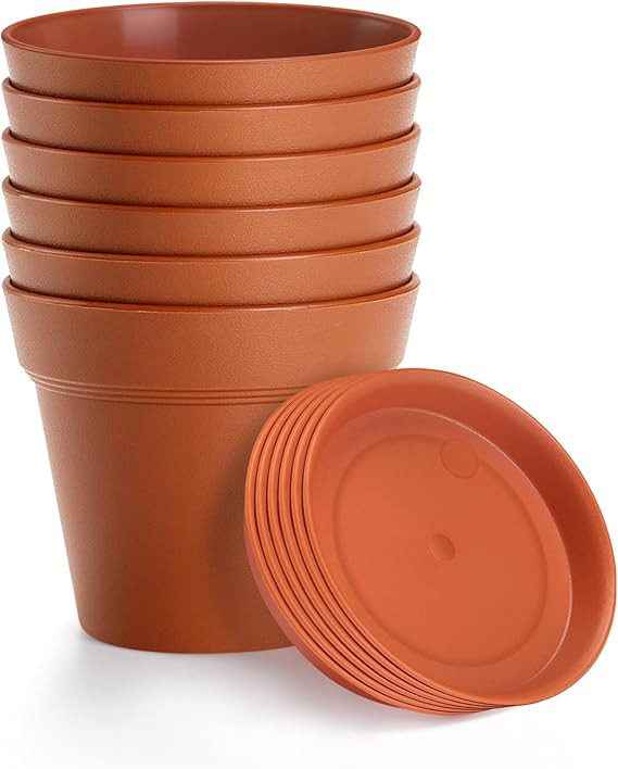 6 Pack Plastic Plant Pots with Drainage Holes and Tray, 7 inch Thickened Indoor Planters Seedling... | Amazon (US)