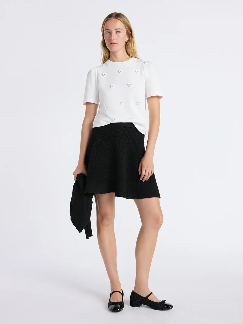 Free Assembly Women's and Women's Plus Embellished Pleat Shoulder Top with Short Sleeves, Sizes X... | Walmart (US)