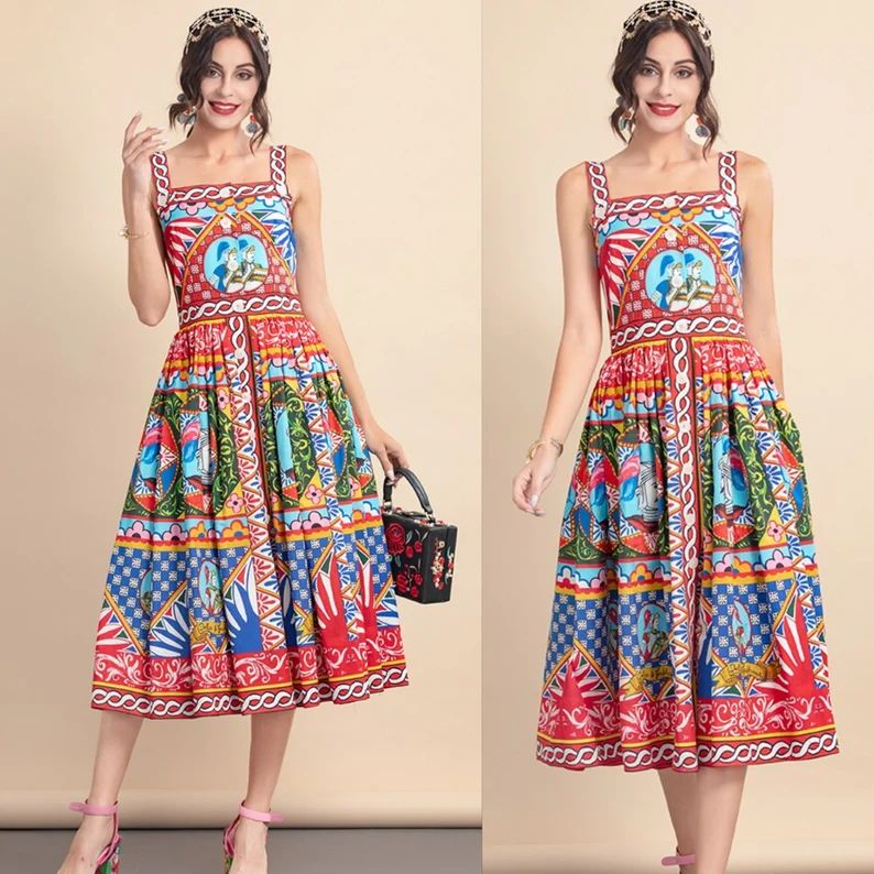 Cute Sicilian Dress, Mosaic Dress, Italian Summer Dress, Italian Print Dress, Dolce Vita Style Dr... | Etsy (US)