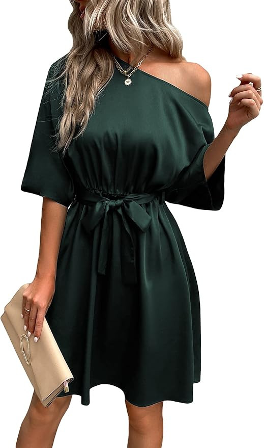WDIRARA Women's One Shoulder Half Sleeve Belted Flared Hem A Line Dress | Amazon (US)