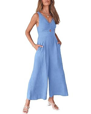 ANRABESS Women's Summer Wide Leg Linen Jumpsuits Dressy V Neck Sleeveless Casual Pants Rompers 20... | Amazon (US)