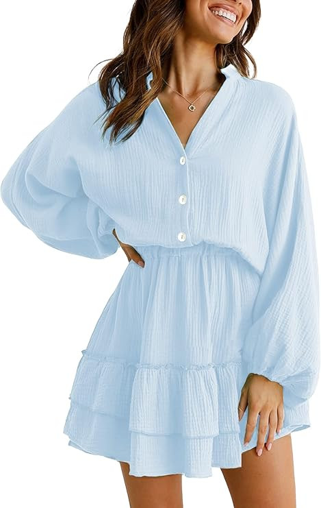 ONIRIKE Women Long Lantern Sleeve V Neck Button Down Ruffle Tiered Solid Swing Mini Dress | Amazon (US)