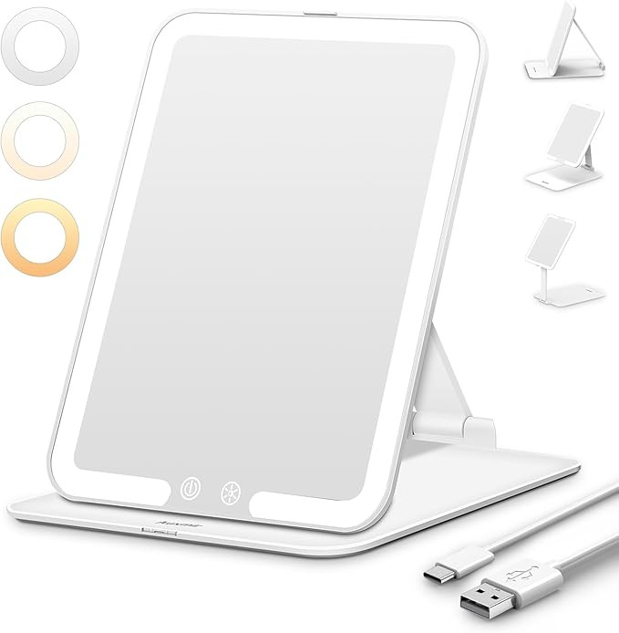 Foldable Travel Makeup Mirror with 3 Dimmable Color Lights, USB Rechargeable Lighted Vanity Mirro... | Amazon (US)