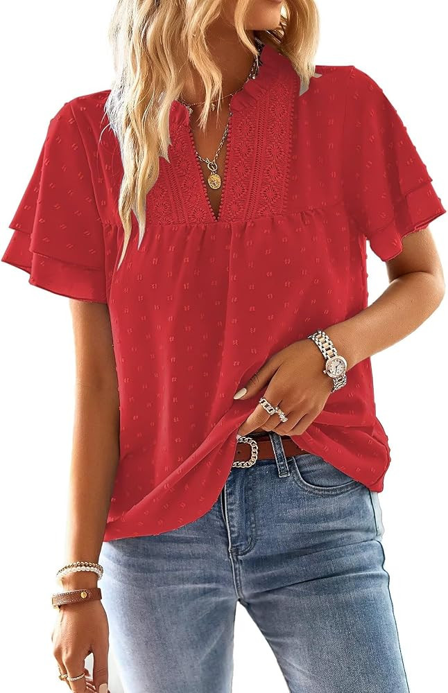 Falechay Womens Tops Butterfly Sleeve V Neck Blouses for Women Dressy Casual Flowy Swiss Dot Ruff... | Amazon (US)
