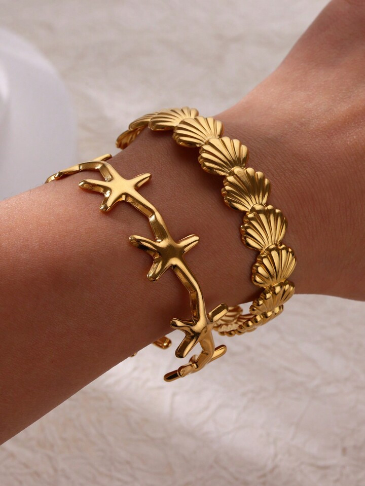 1Pc Summer Style Starfish Seashell Cuff Bangle For Women Stainless Steel Open Adjustable Bangle Bracelet Ocean Beach Jewelry Fashion Accessories Christmas Gifts | SHEIN