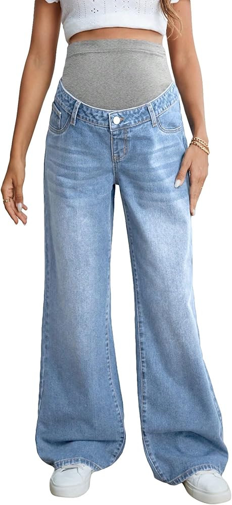 Verdusa Women's Maternity Wideband Waist Flare Leg Pregancy Denim Jeans with Pockets | Amazon (US)