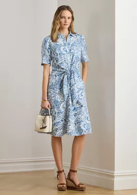 Lauren Ralph Lauren Women's Petite Paisley Tie-Front Linen Shirtdress, White, 12P | Belk