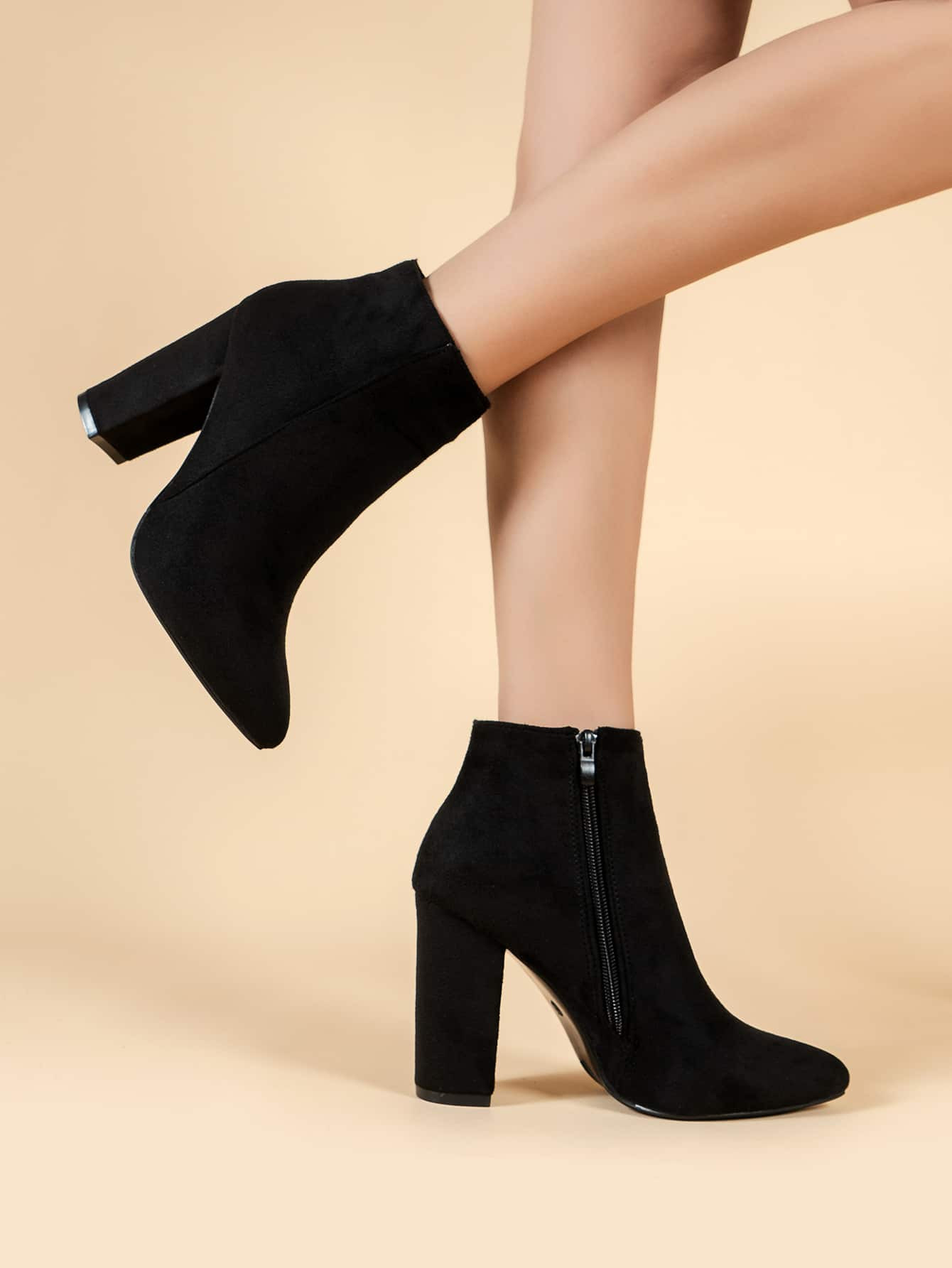 Match Tops, Women's Black Chunky Heel Zipper Side Boots, Elegant Point Toe Classic Boots | SHEIN